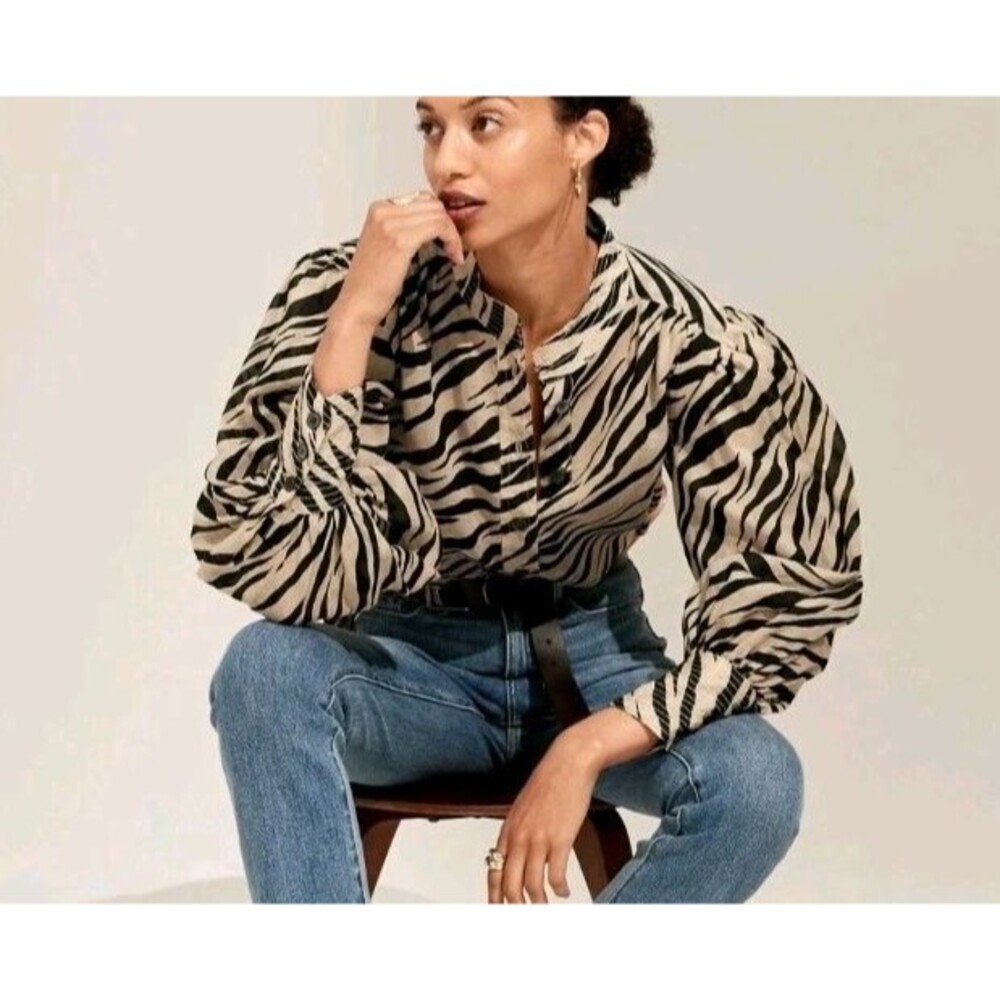 Banana Republic Ramie Popover Shirt Zebra Print Poet Sleeve Womens Size XS